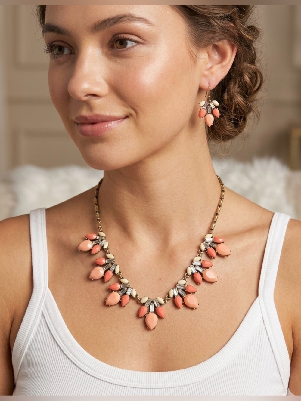 Loft Coral & Cream Statement Necklace & Earring Set